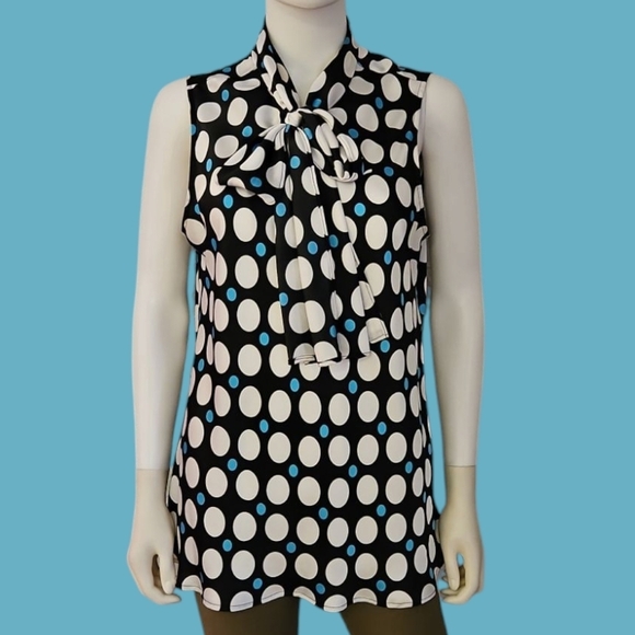 NINE WEST Polka Dot Mod Sleeveless Bowtie Keyhole Satin Top XL - Picture 1 of 10